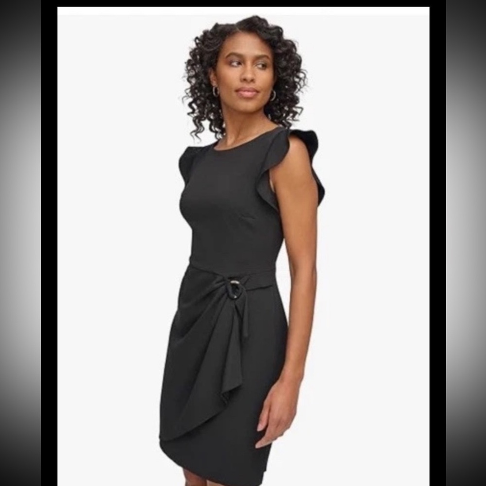 DKNY Flutter Sleeve Faux Wrap Black Dress NWT Size 12 Tagged $129 USD